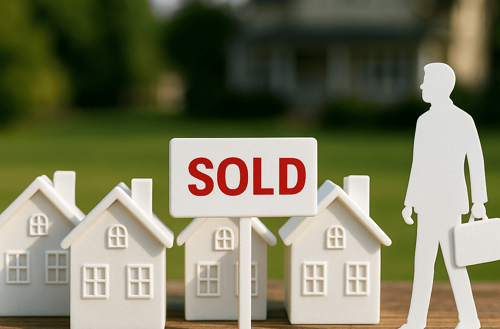 Paper cutout investor figure with briefcase standing beside four small houses and a red SOLD sign, representing investor-owned home sales in a residential market.