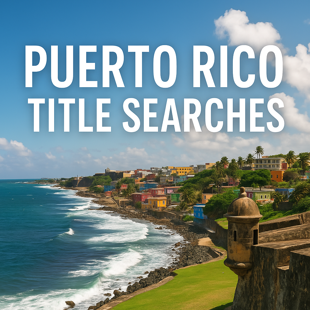 View of El Morro and colorful buildings along the Puerto Rico coast with “Puerto Rico Title Searches” written across the sky