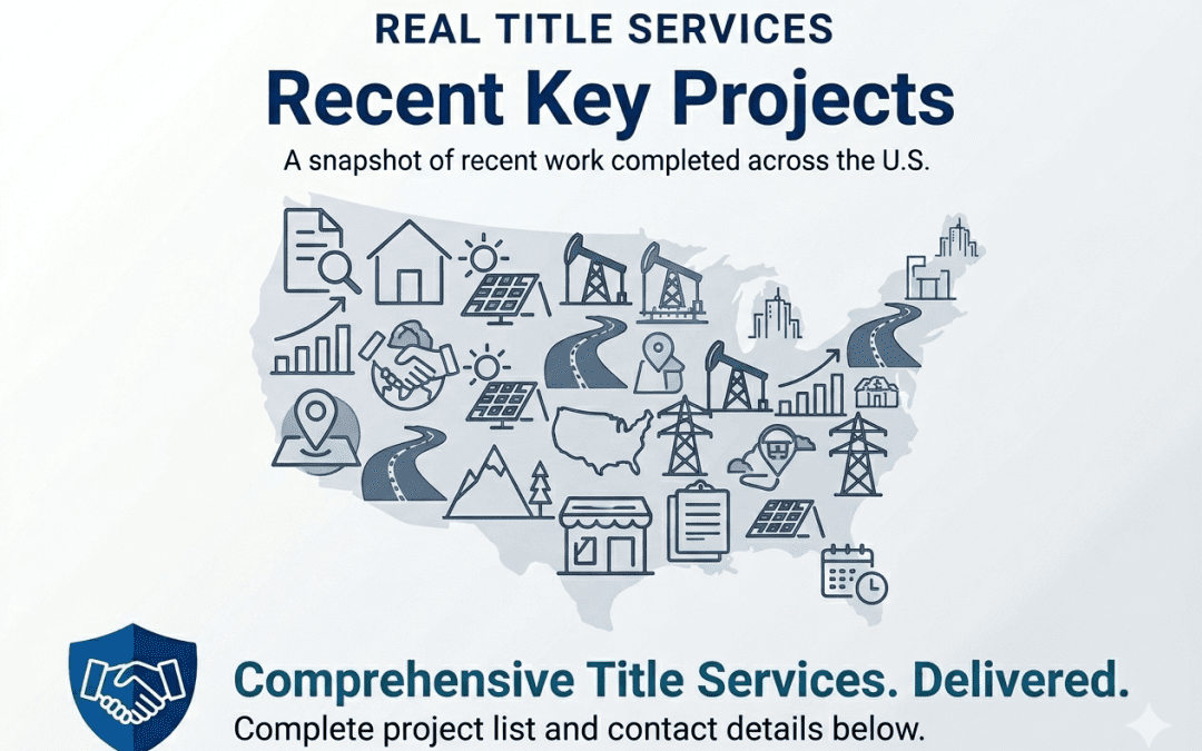 U.S. map graphic showing recent Real Title Services title search projects for due diligence, easements, mineral rights, and infrastructure.