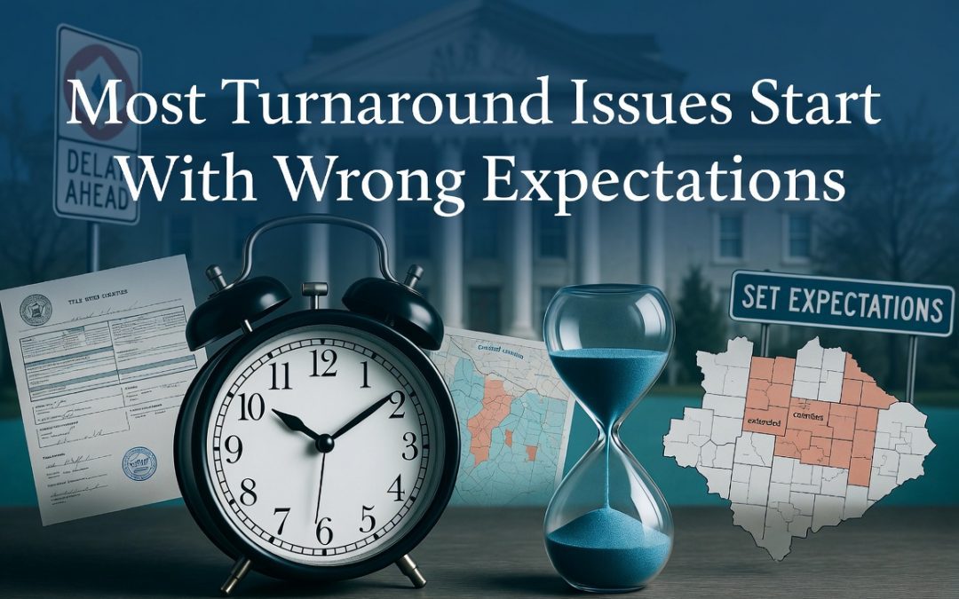 Graphic illustrating title search turnaround delays and ETA extended counties with courthouse, clock, hourglass, and expectation-setting signage