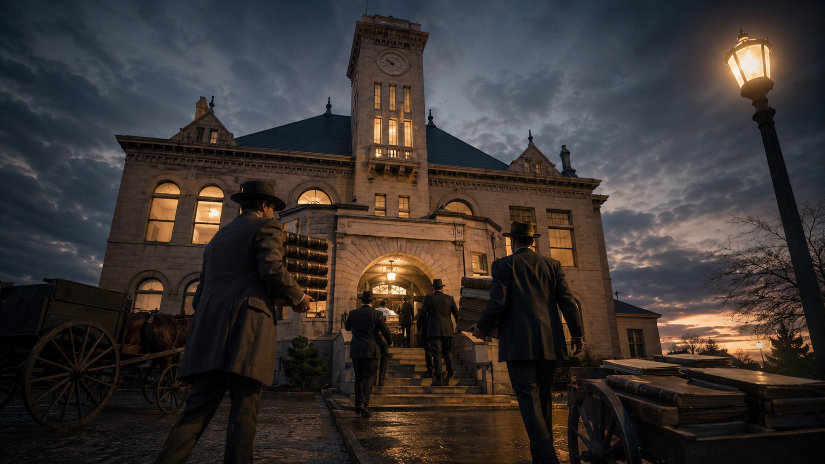 Men carry courthouse records at night during Baldwin County, Alabama’s 1901 county-seat dispute.