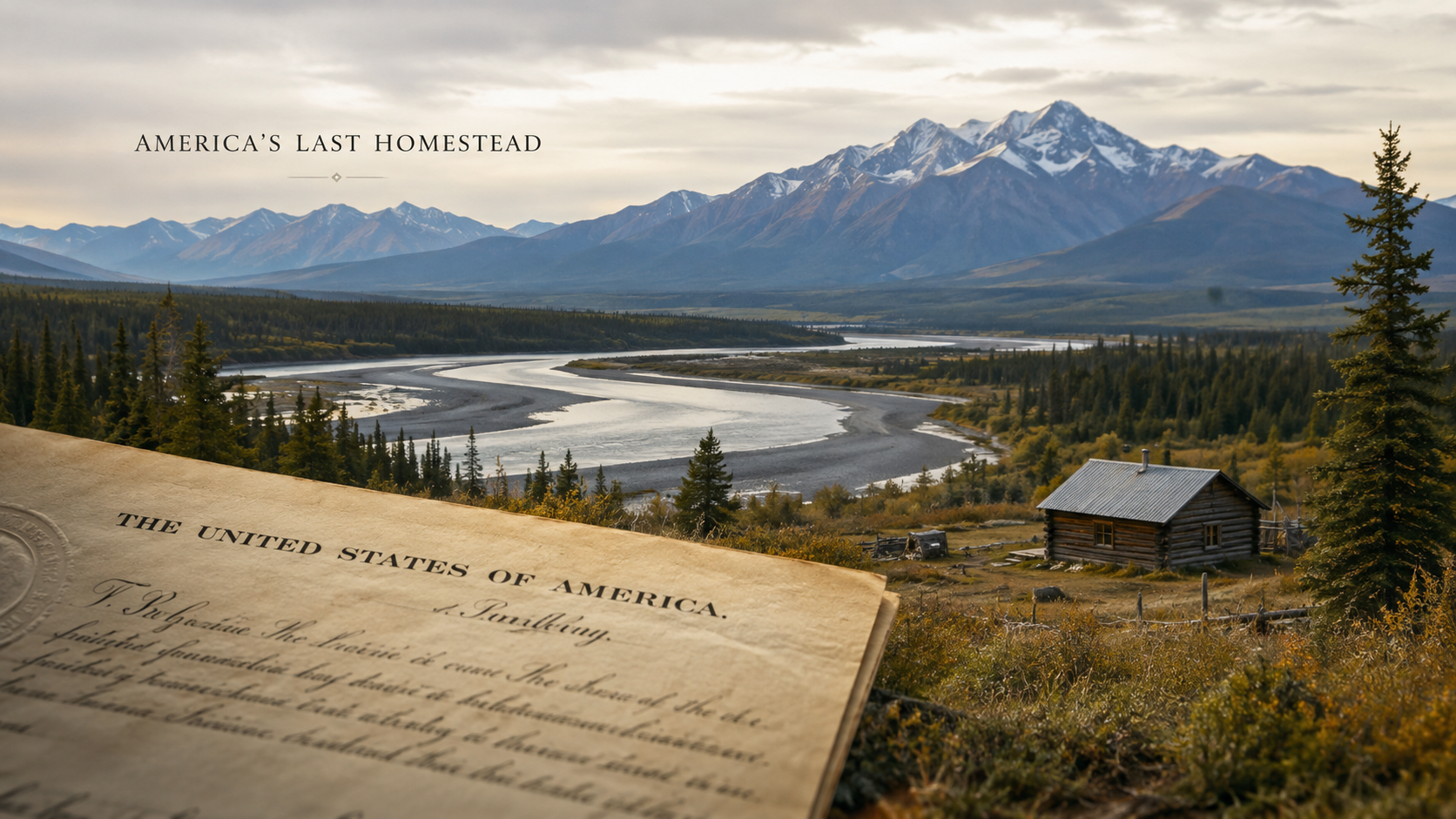 America’s Last Homestead Alaska homestead landscape with a log cabin, mountain river, and historic land document