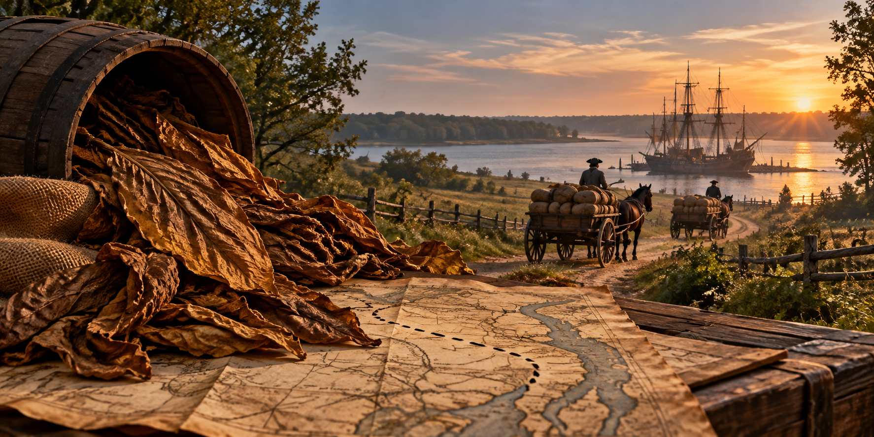 Smugglers Path photo Colonial tobacco trade route between Maryland and Delaware, with tobacco bales, wagons, and sailing ships