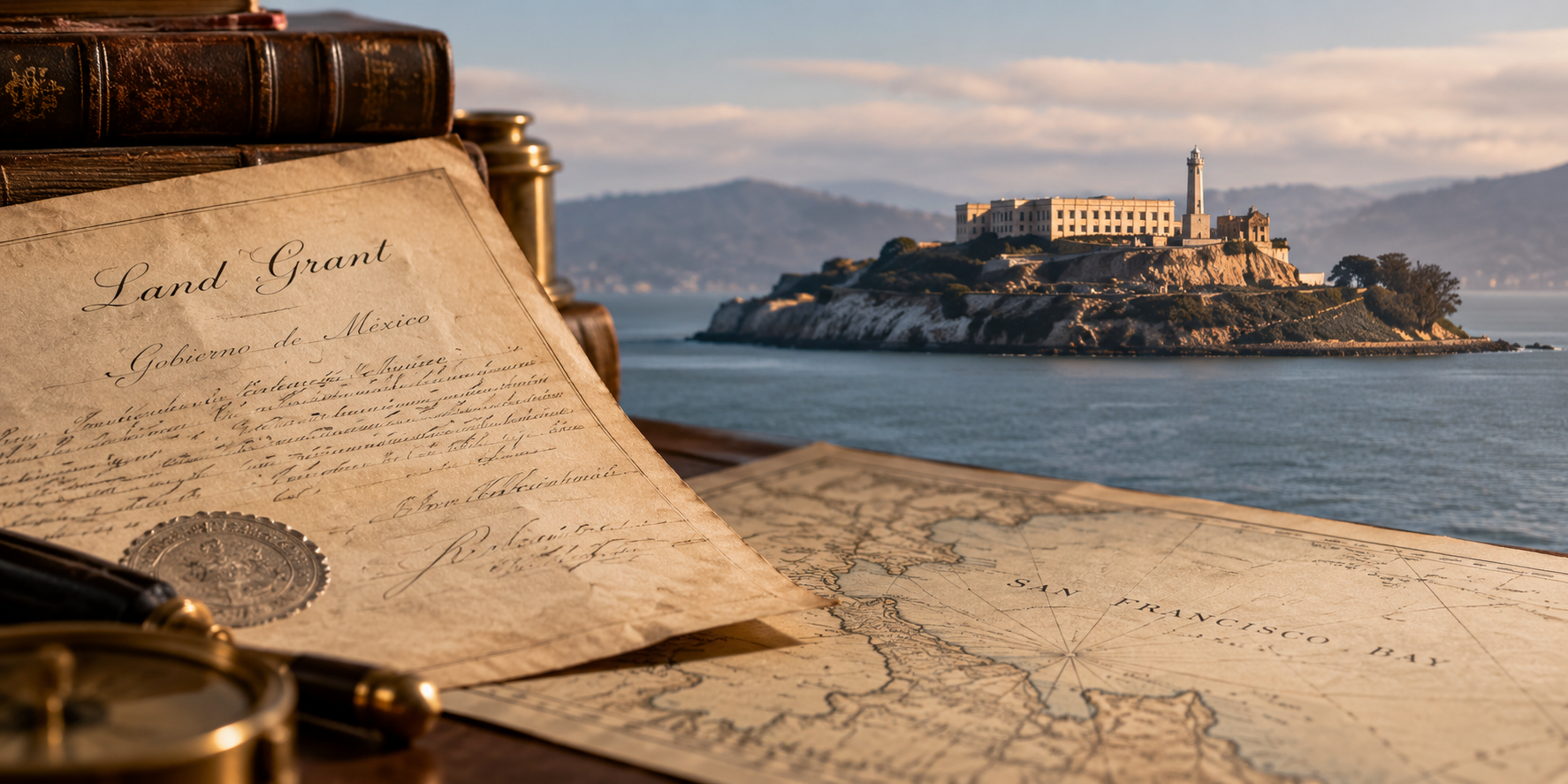 Historic Mexican land grant document and Alcatraz Island in San Francisco Bay