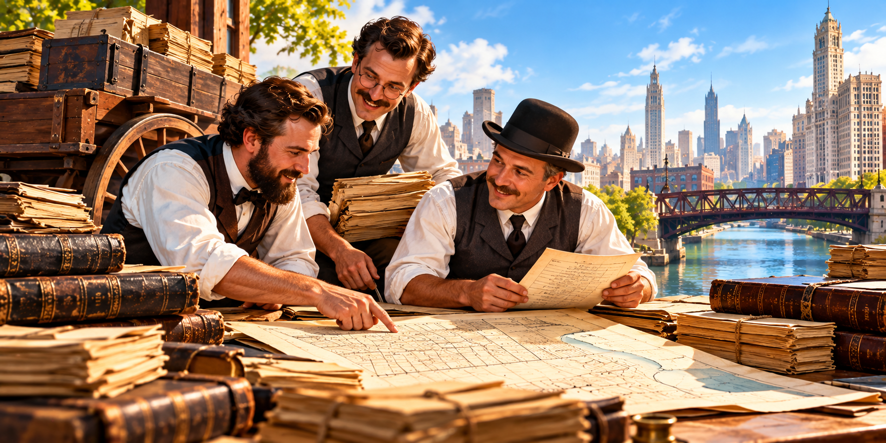 19th-Century Abstractors Rebuild the City Three 19th-century Chicago abstractors collaborating over historic property maps and records after the Great Chicago Fire.