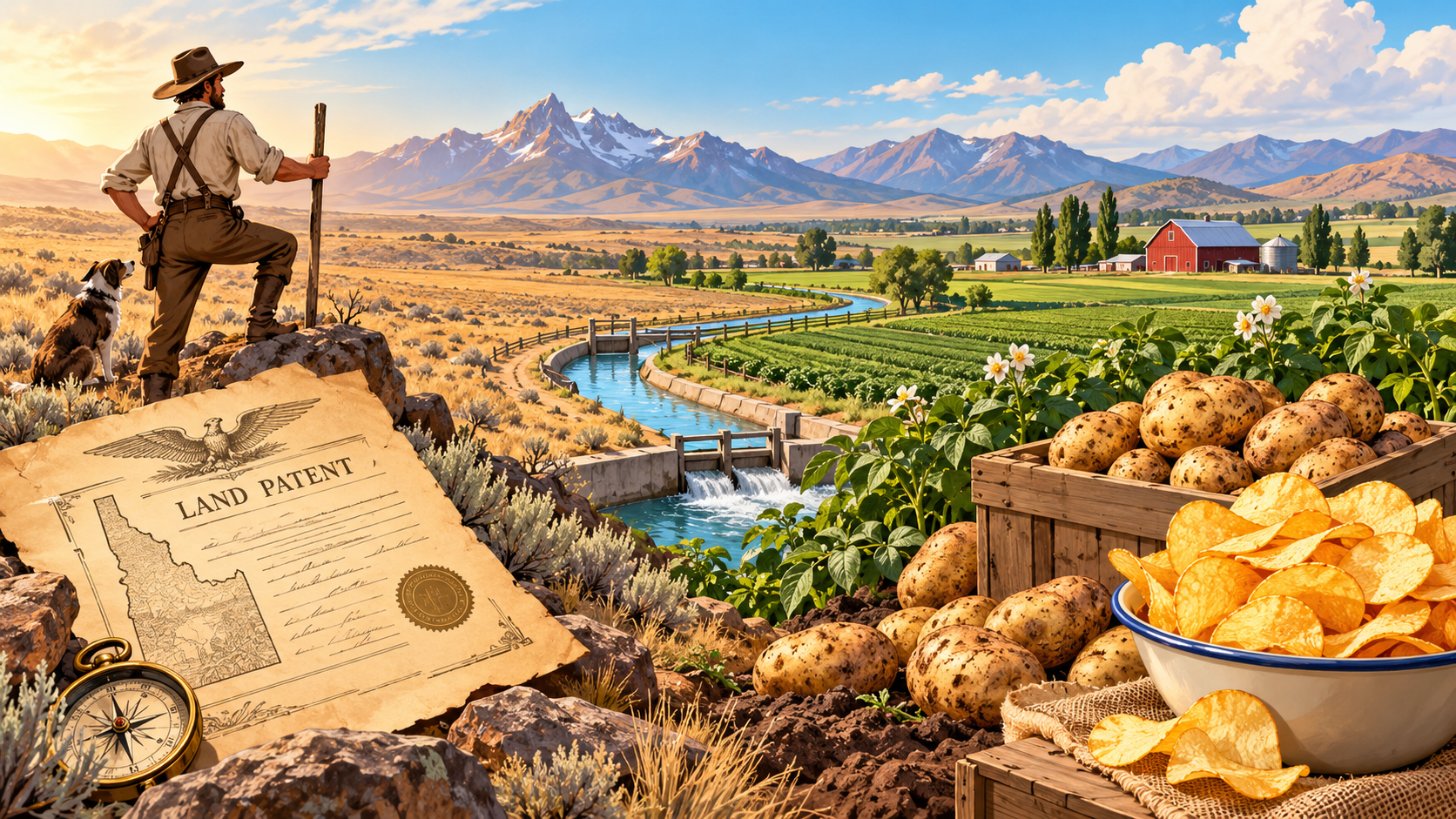 From Land Patent to Potato Harvest Idaho homesteader land patent beside irrigated farmland, potato crops, and potato chips, illustrating Idaho's agricultural history.
