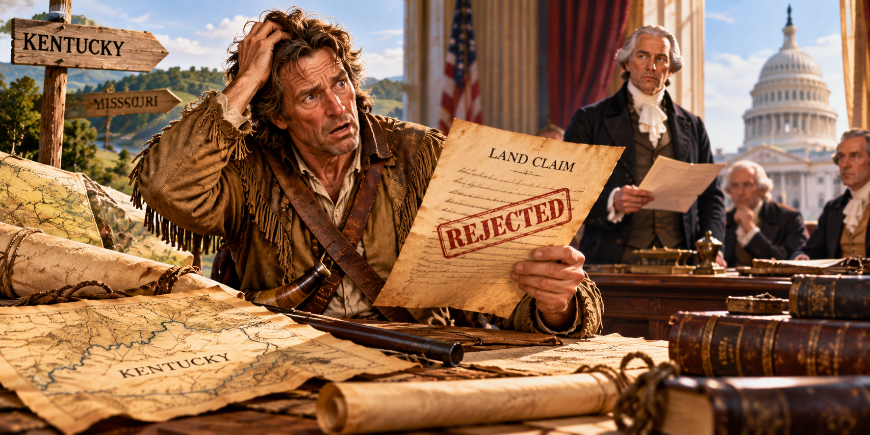 Frontiersman’s Rejected Land Claim Daniel Boone examines a rejected land claim document in a historical congressional setting, with antique maps of Kentucky and Missouri spread across a desk.
